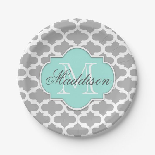 Gray Aqua Elegante Muster Monogram Pappteller (Vorderseite)
