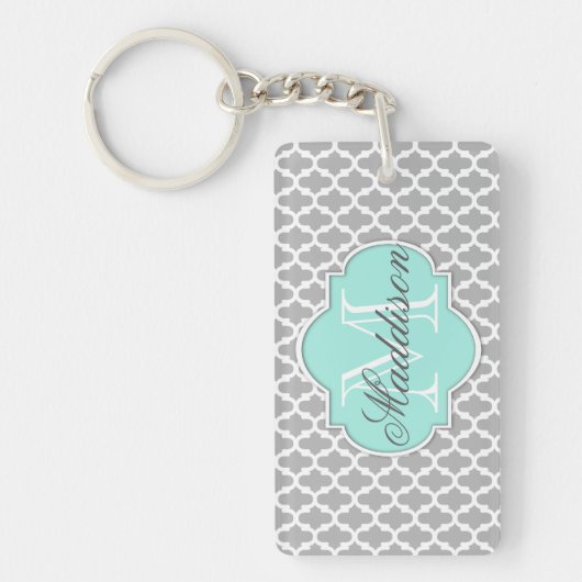 Gray Aqua Elegante Muster Monogram Schlüsselanhänger (Vorderseite)
