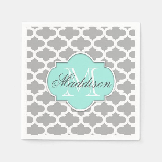 Gray Aqua Elegante Muster Monogram Serviette (Vorderseite)