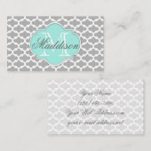 Gray Aqua Elegante Muster Monogram Visitenkarte (Vorne/Hinten)