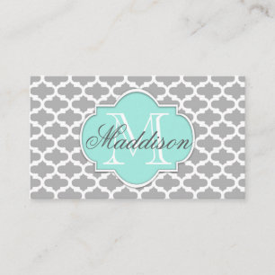 Gray Aqua Elegante Muster Monogram Visitenkarte