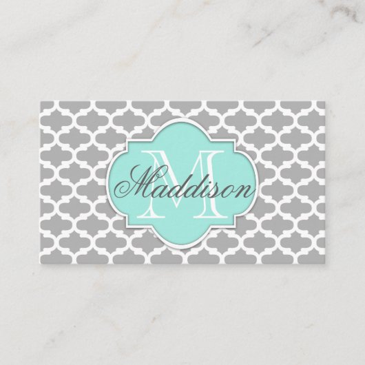 Gray Aqua Elegante Muster Monogram Visitenkarte (Vorderseite)