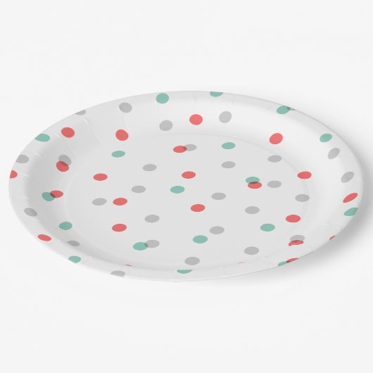 Gray Aqua und Coral Confetti Dots Pappteller (Schrägansicht)