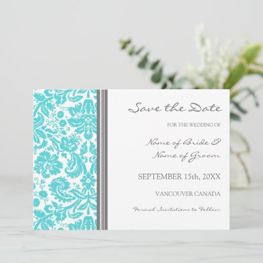 Gray Aqua Wedding Save the Date Card (Stehend Vorderseite)