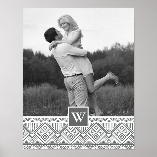 Gray Aztec Muster | Foto mit Monogramm Poster (Vorne)