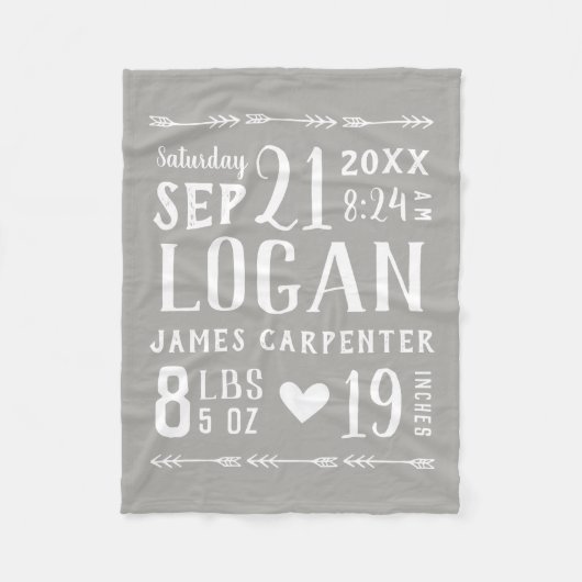 Gray Baby Boy Birth Stats Keepake Fleecedecke (Vorderseite)