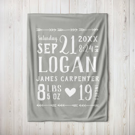 Gray Baby Boy Birth Stats Keepake Fleecedecke