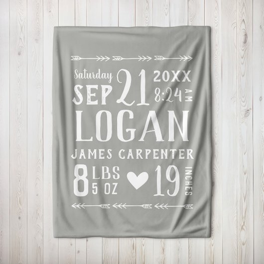 Gray Baby Boy Birth Stats Keepake Fleecedecke