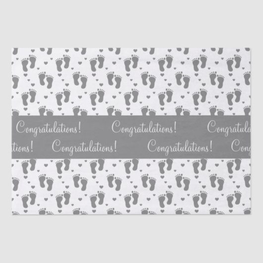 Gray Baby Footprints and Hearts Seidenpapier (Vorderseite)