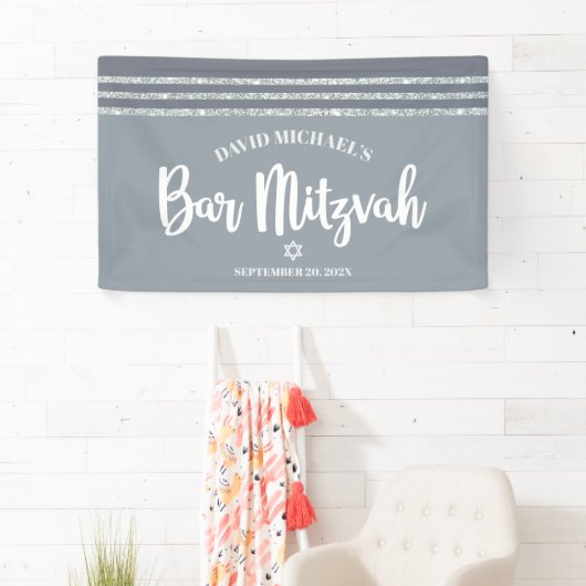Gray Bar Mitzvah Modern Silver Tallit Bold Script Banner (Insitu)