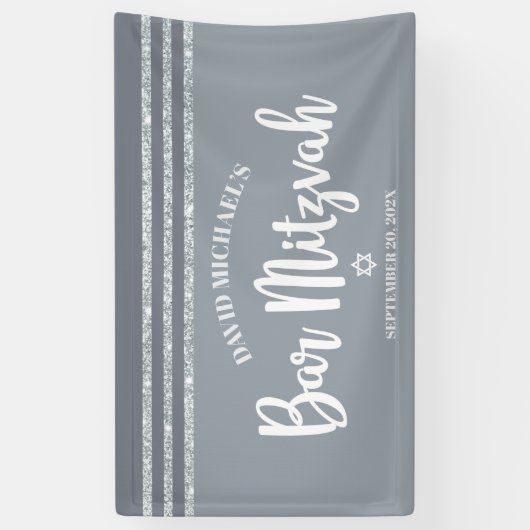 Gray Bar Mitzvah Modern Silver Tallit Bold Script Banner (Vertikal)