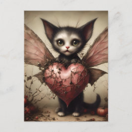 Gray Bat Cat Fairy mit rosa Herz Postkarte