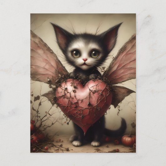 Gray Bat Cat Fairy mit rosa Herz Postkarte (Vorderseite)