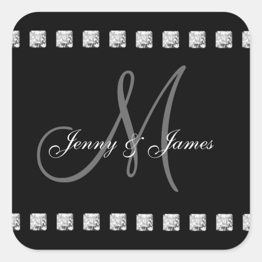 Gray Black Diamonds Monogram Names Wedding Quadratischer Aufkleber (Vorderseite)