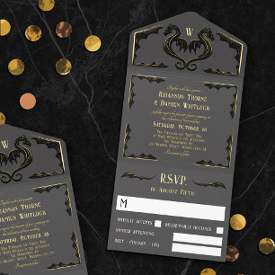 Gray Black Gold Dragon Monogram Fantasy Wedding All-in-One-Einladung