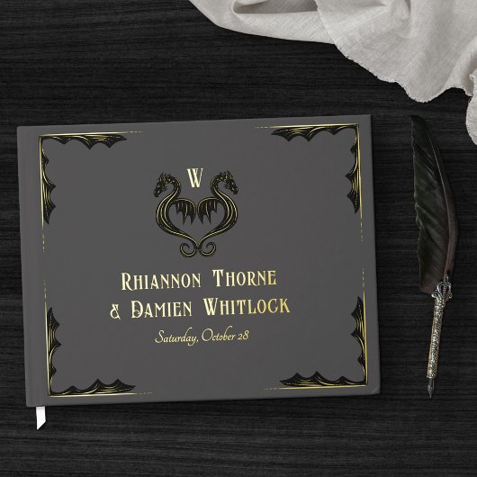 Gray Black Gold Dragon Monogram Fantasy Wedding Gästebuch