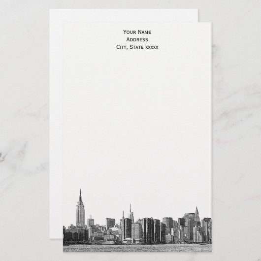 Gray Black NYC Skyline Etch 01 Stationery Briefpapier (Vorne/Hinten)