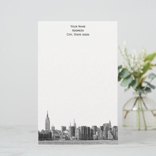 Gray Black NYC Skyline Etch 01 Stationery Briefpapier (Stehend Vorderseite)