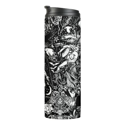 Gray Black Witchy Gothic Viktorianisch Goth Baphom Thermosbecher (Nach rechts gedreht)