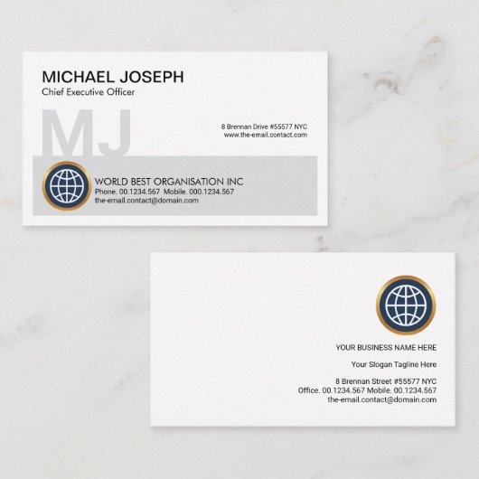 Gray Block Monogram Name Initials CEO Gründer Visitenkarte (Vorne/Hinten)