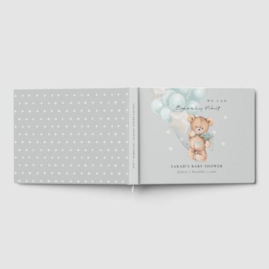 Gray Blue Bearly Wait Bär Balloon Baby Dusche Gästebuch (Voll)