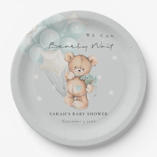 Gray Blue Bearly Wait Bär Balloon Baby Dusche Pappteller (Vorderseite)