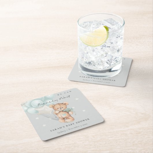 Gray Blue Bearly Wait Bär Balloon Baby Dusche Rechteckiger Pappuntersetzer (Vor Ort)