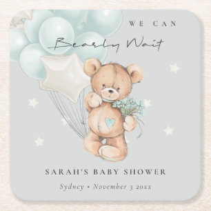 Gray Blue Bearly Wait Bär Balloon Baby Dusche Rechteckiger Pappuntersetzer