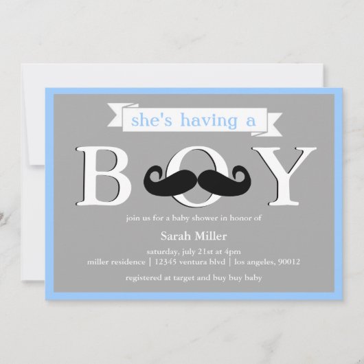 Gray Blue - Boy Mustache Babydusche Einladung (Vorderseite)