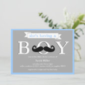 Gray Blue - Boy Mustache Babydusche Einladung (Stehend Vorderseite)