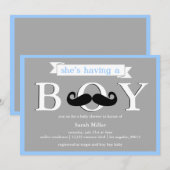 Gray Blue - Boy Mustache Babydusche Einladung (Vorne/Hinten)