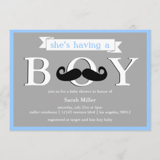Gray Blue - Boy Mustache Babydusche Einladung