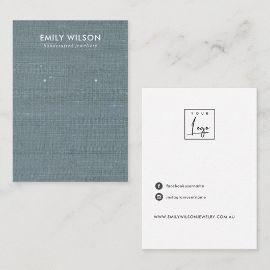 GRAY BLUE BURLAP LINEN STUD EARRING DISPLAD VISITENKARTE (Vorne/Hinten)