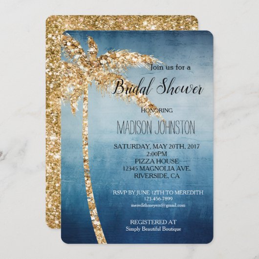 Gray Blue Gold Glitzer Palm Tree Brautparty Einladung (Vorne/Hinten)