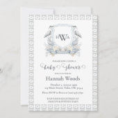 Gray Blue Heron Monogram Wappen Baby Showroom Einladung (Vorderseite)