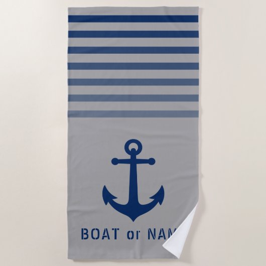Gray Blue Nautical Anchor Ihr Name oder Boot Strandtuch (Vorderseite)