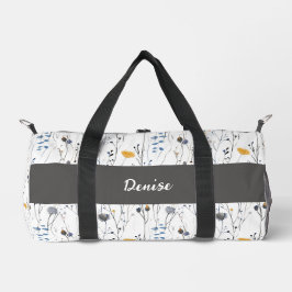 Gray Blue Watercolor Wildflower Monogram Duffle Bag