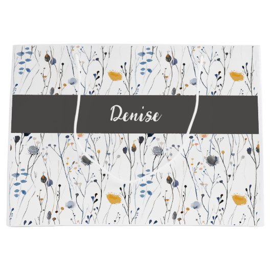Gray Blue Wildflower Watercolor Monogram Name Große Geschenktüte (Vorderseite)