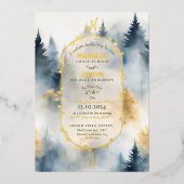 GRAY Blue Winter Pine Tree Forest Monogram Wedding Folieneinladung (Vorderseite)