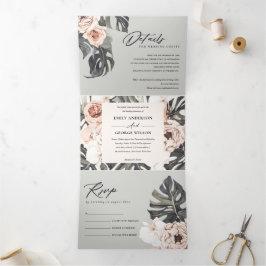 GRAY BLUSH RUST MONSTERA FLORA WATERCOLOR WEDD DREIFACH GEFALTETE EINLADUNG