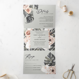 GRAY BLUSH RUST MONSTERA FLORA WATERCOLOR WEDD DREIFACH GEFALTETE EINLADUNG