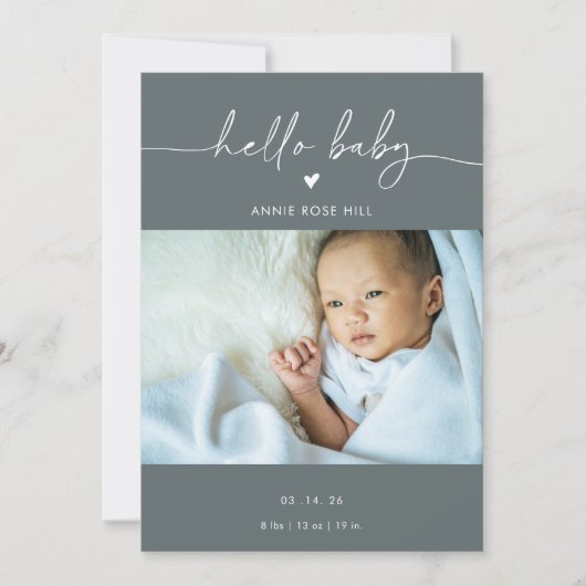 Gray Boho Photo Hello Baby Announcement Card Einladung (Vorderseite)