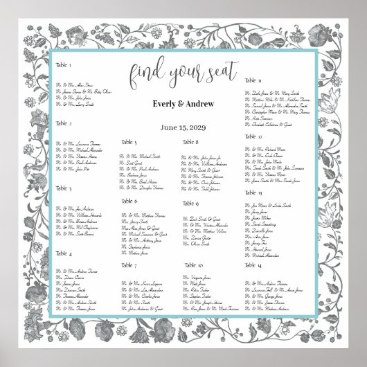 Gray Boho Wildblume Floral Blue Borders Poster (Vorne)
