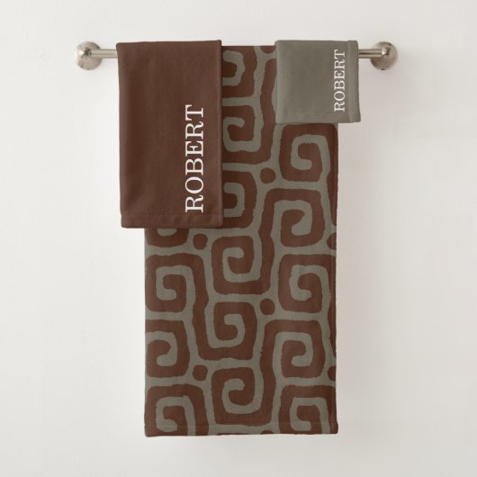 Gray &Brown Abstract Pattern personalized name Badhandtuch Set (Insitu)