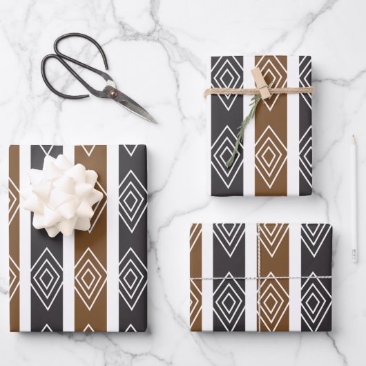 Gray Brown Geometric Diamond Stripes Geschenkpapier Set (Vorderseite)