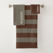  Gray &Brown Strips Pattern Custom Name Badhandtuch Set (Insitu)