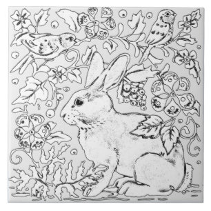 Gray Bunny Rabbit Bird Floral Zeichnend künstleri Fliese