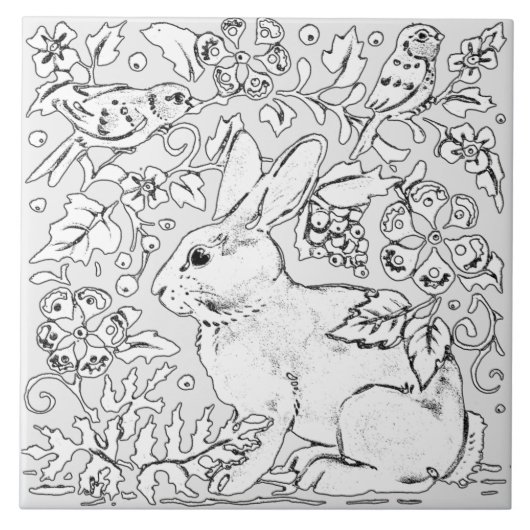 Gray Bunny Rabbit Bird Floral Zeichnend künstleris Fliese (Vorderseite)