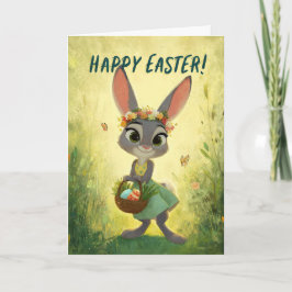 Gray Bunny Wearing Flower-Crown w/ Easter Basket Karte