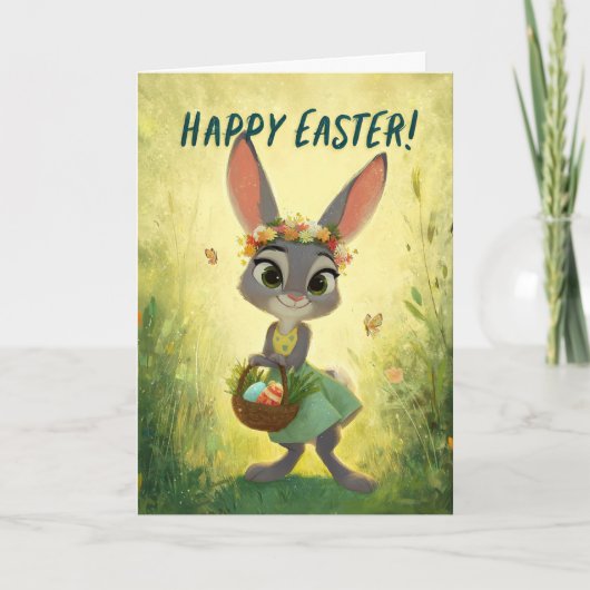 Gray Bunny Wearing Flower-Crown w/ Easter Basket Karte (Vorderseite)